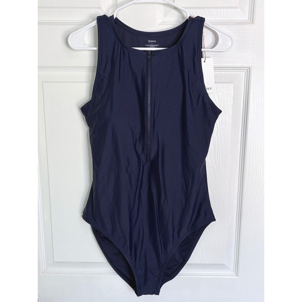 Quince Italian Zip Front One Piece Swimsuit XL Navy Blue High Neck Sporty